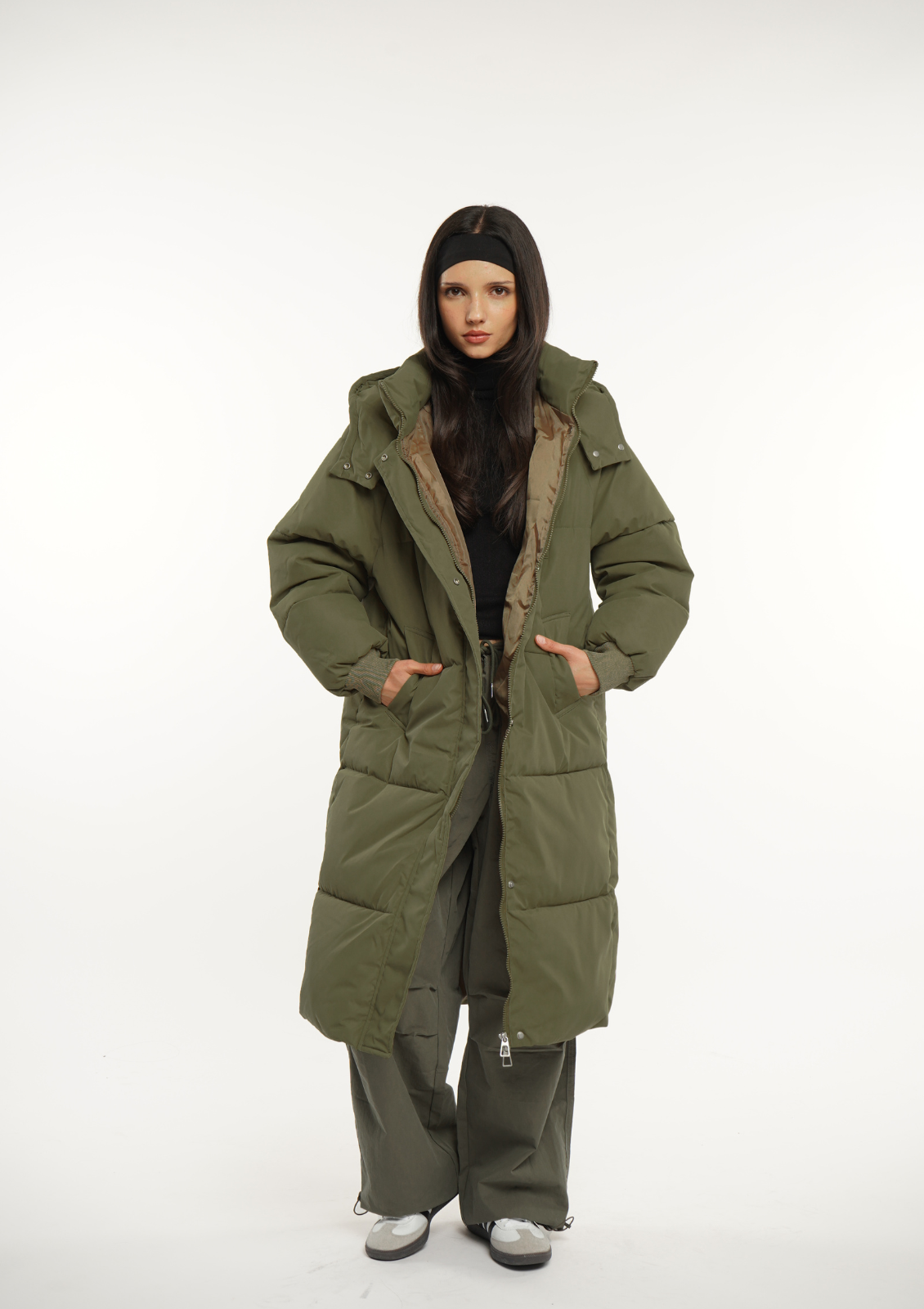 Blush Vogue Hooded Long Belted Puffer