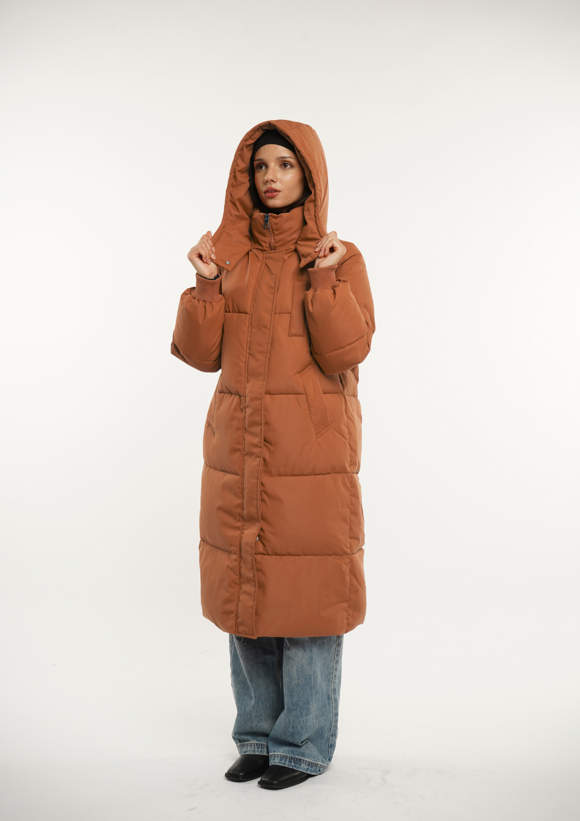 Blush Vogue Hooded Long Belted Puffer