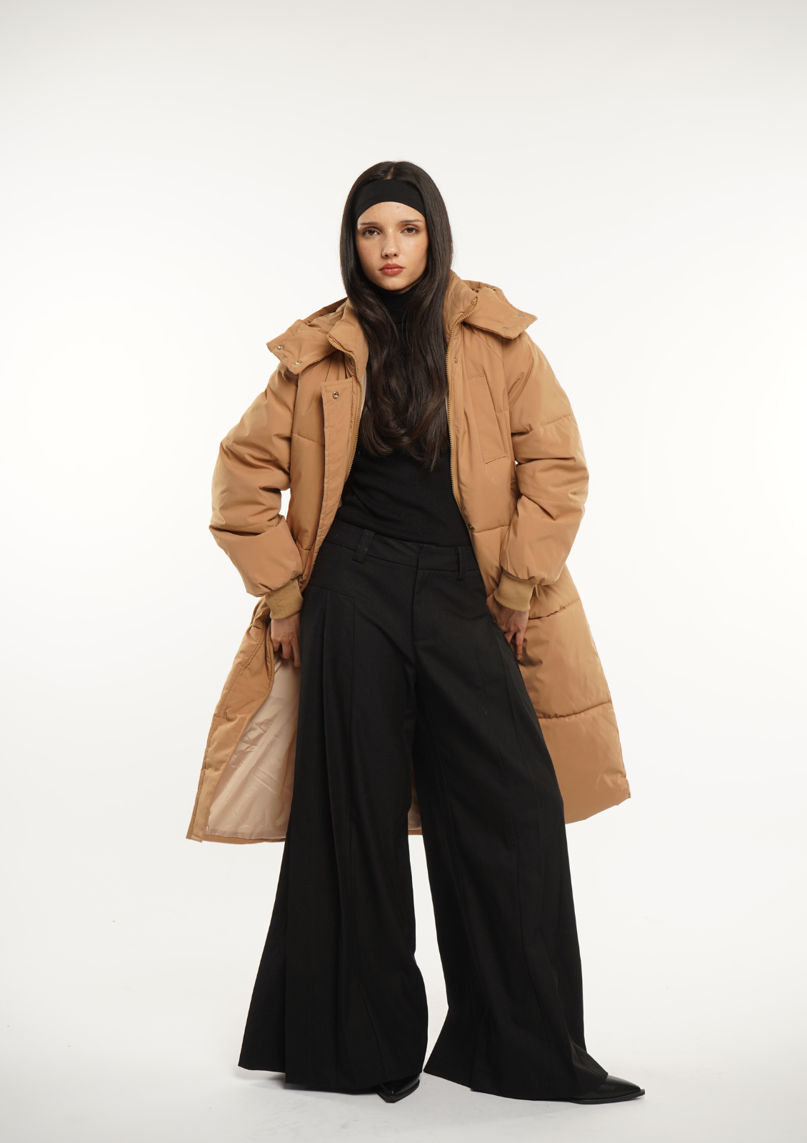 Blush Vogue Hooded Long Belted Puffer