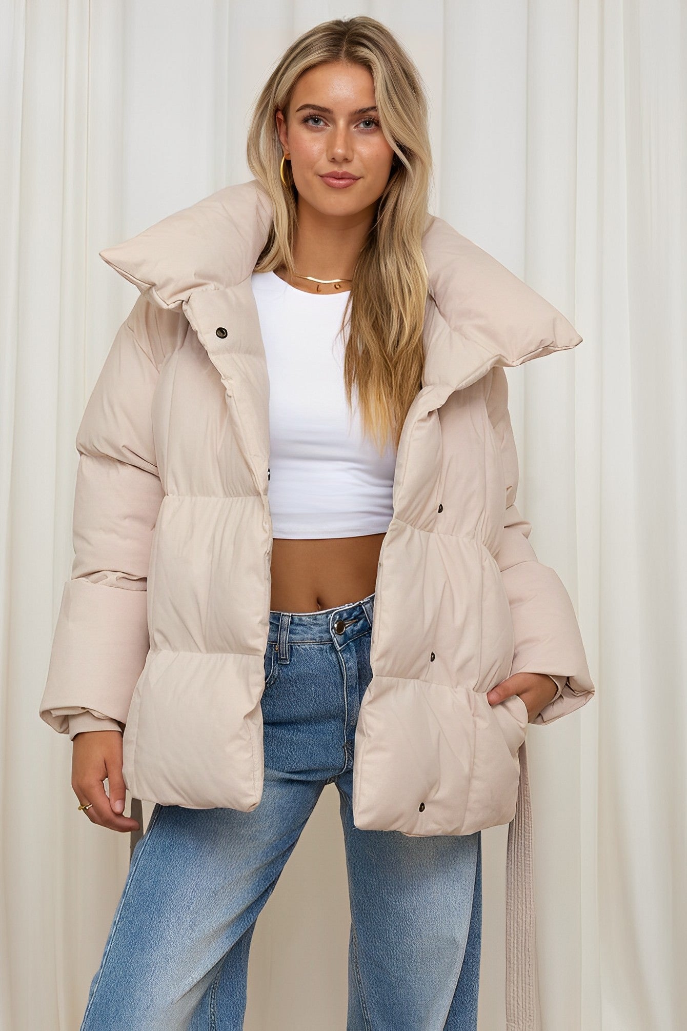 Blush Vogue Mid Belted puffer